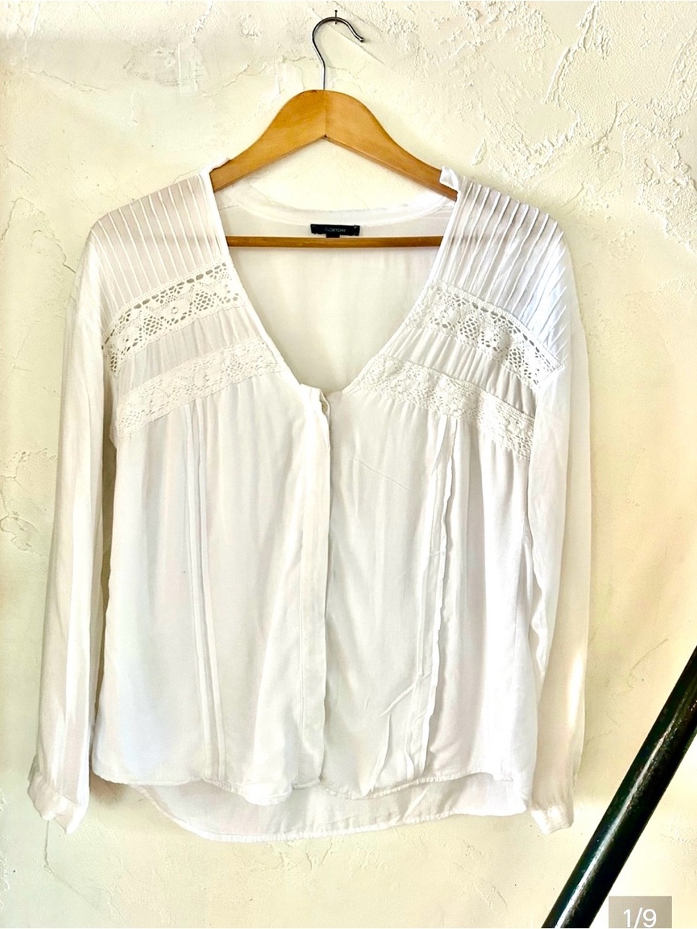 FLORYDAY Silk Crochet Lace White Pintuck V-Neck Long-Sleeve Button-down. Elegant